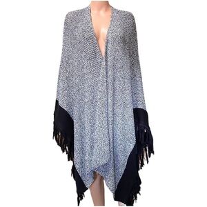 Cabi Pepper Fringe Shawl Cape Knit Gray/Black One Size